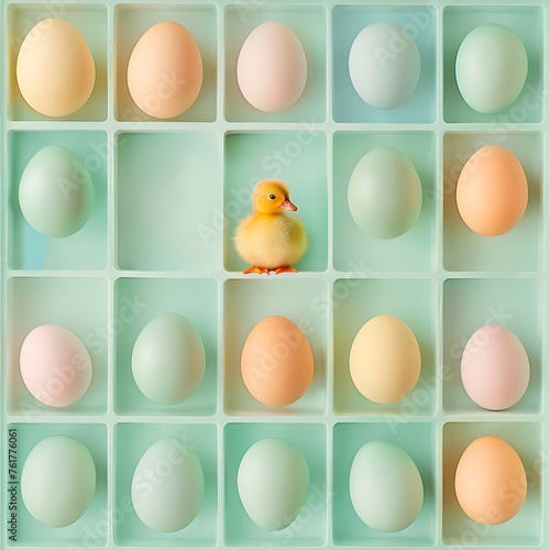 Pastel colorful eggs and little chicken on pastel green background, Easter celebrate concept.