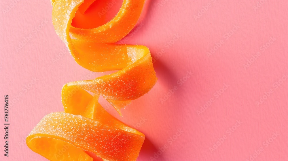Spiraled orange candy twists dusted with sugar lying on a playful pink surface for a sweet treat Spiraled orange candy twists dusted with sugar lying on a playful pink surface for a sweet treat