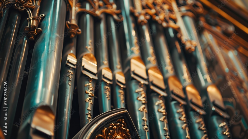 Obraz premium Elegant organ pipes with gilded accents capture the essence of classical music and architectural design