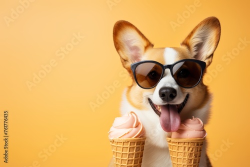 Closeup of corgi dog with sunglasses, eating ice cream in cone, isolated on yellow background