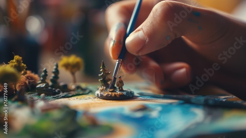 A detailed scene of miniature painting, with a focus on a small figure and trees photo