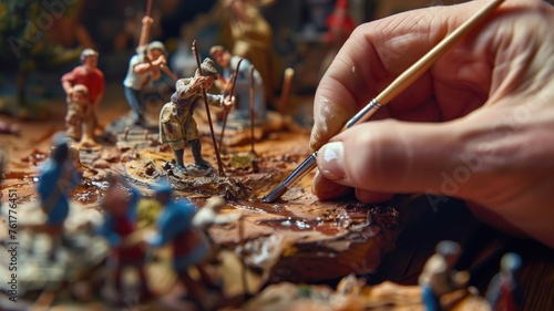 A focused artist paints intricate details on miniature figurines, showcasing skill and patience in a close-up view