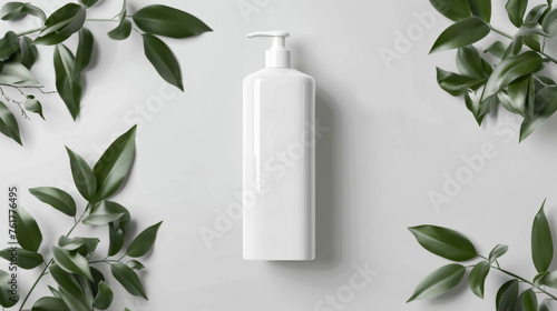 Minimalist white skincare bottle with pump on a pristine background, surrounded by fresh green leaves for a natural vibe