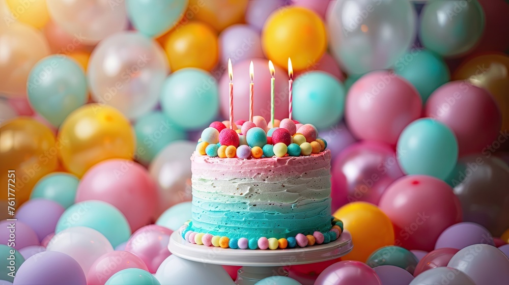 Celebration Delight: Colourful Balloons and Birthday Cake with Candles in Festive Background 
