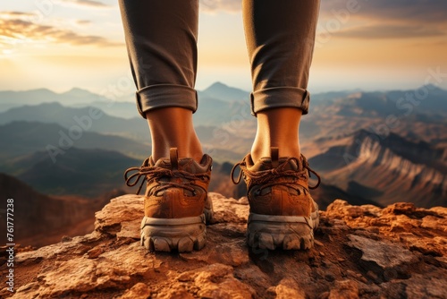 Close-up of hiking shoes on mountain trail during nature adventure and outdoor exploration