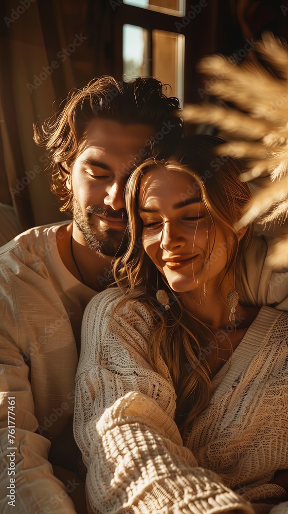 Smiling couple resting together in living room