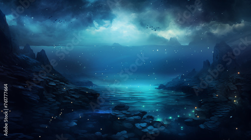 Mystical Nighttime Bay with Glowing Particles