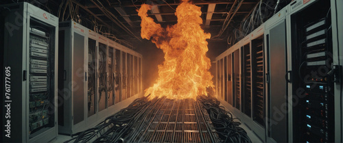 Burning process. data center on fire. Hand edited generative AI. 