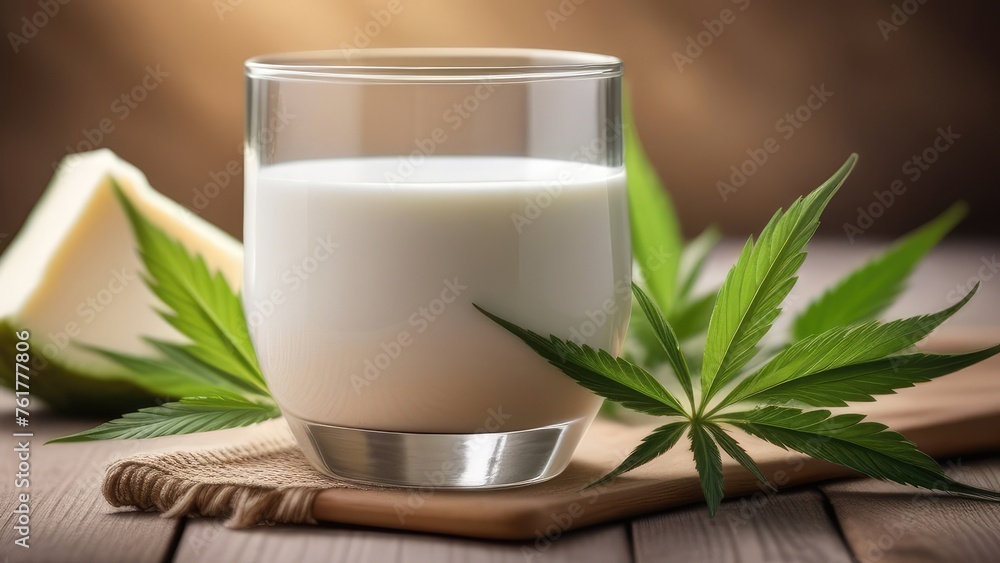 Glass of rice milk and rice on a wooden table, close-up Glass of rice milk and rice on a wooden table, close-up