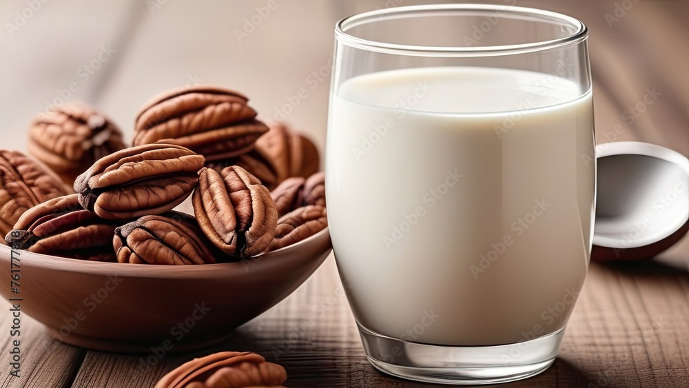 Pecan nut milk in a glass on a table Pecan nut milk in a glass on a table