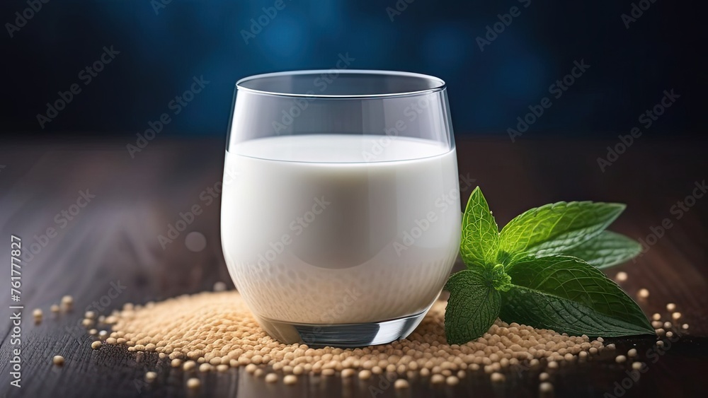Glass of soy milk and wooden spoon on sackcloth on wooden background Glass of soy milk and wooden spoon on sackcloth on wooden background
