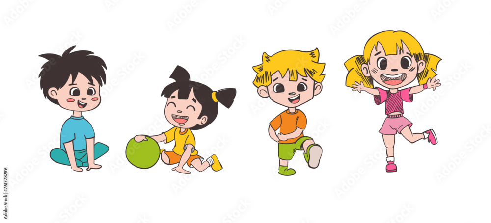 Cute kids in kindergarten. Children's panorama for your design. Funny and laughing kid cartoon characters. Vector illustration. Isolated on white background Cute kids in kindergarten. Children's panorama for your design. Funny and laughing kid cartoon characters. Vector illustration. Isolated on white background