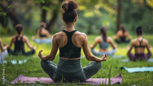 Woman meditating in lotus pose during an outdoor yoga class in a park, peaceful environment. Wellness and mindfulness concept. Design for health magazine, yoga community, outdoor activities