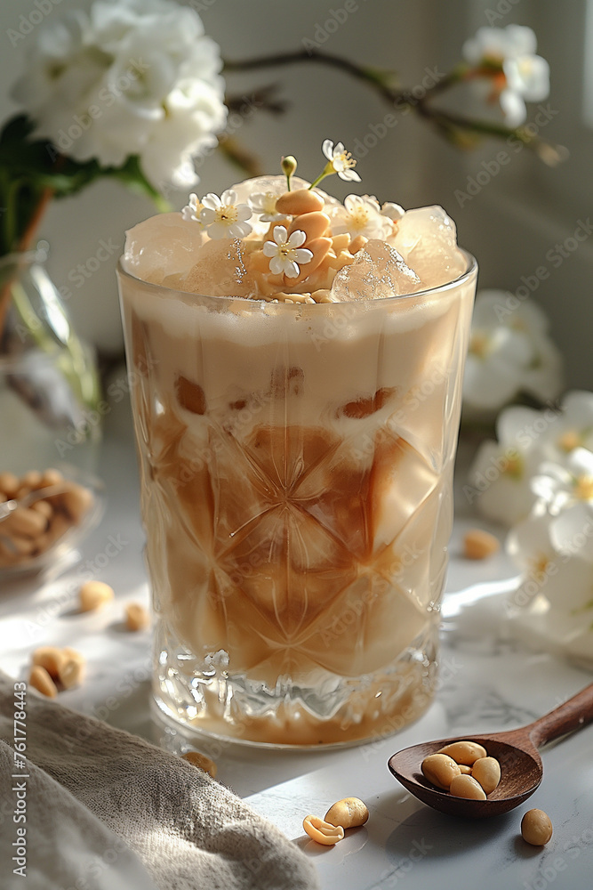 White marble countertop and white clean wall background, featuring Ice Latte with Peanut Butter and Flowers. The ice latte gets its unique light beige color from a blend of coffee, peanut butter White marble countertop and white clean wall background, featuring Ice Latte with Peanut Butter and Flowers. The ice latte gets its unique light beige color from a blend of coffee, peanut butter