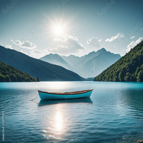 boat on the lake with beautiful landscape and sunny sky