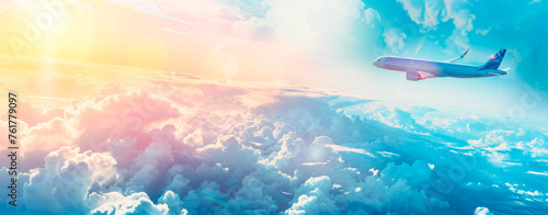 Commercial airplane flying above clouds during sunset, concept of travel and tourism. Wide banner with copy space.