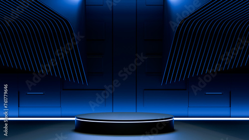 3d abstract background, Cylinder podium with blue neon lights on modern gaming background. Concept of design for product display. Empty showroom, product promotion blue background.