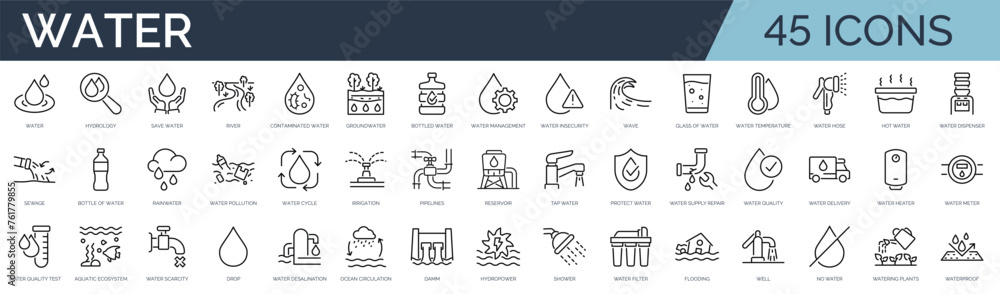 Set of 45 outline icons related to water. Linear icon collection. Editable stroke. Vector illustration - obrazy, fototapety, plakaty 