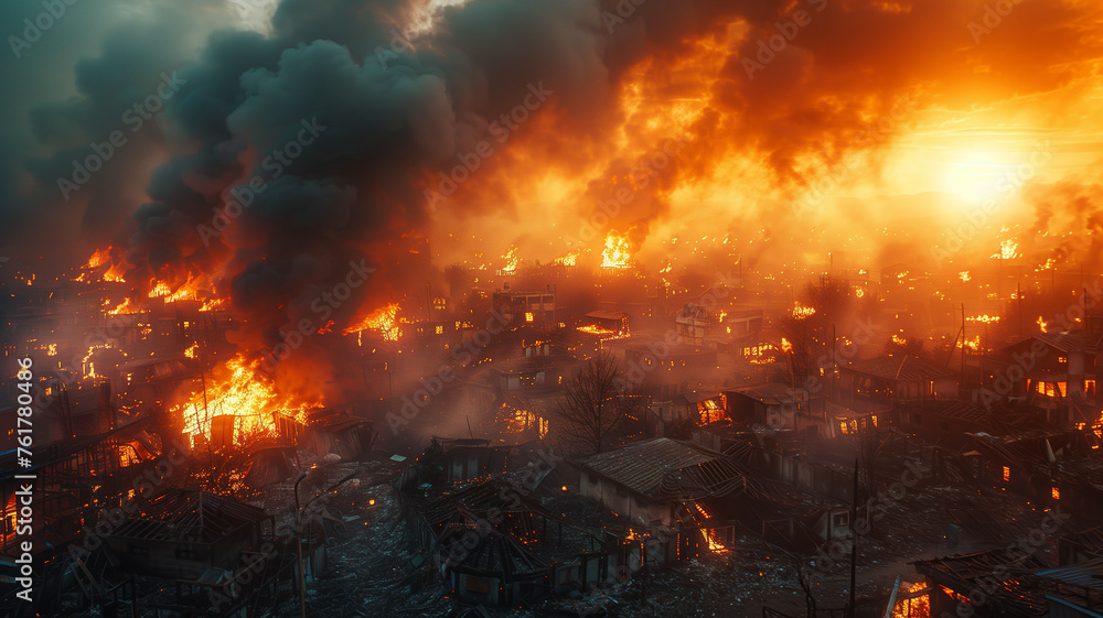 City ablaze: aftermath of disaster, devastation amidst flames.