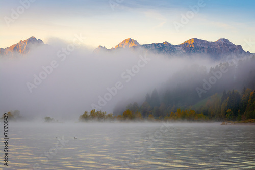 Nebel auf dem Forggensee mit Blick auf die Alpen an einem Morgen im Herbst
