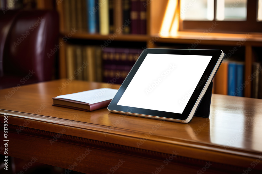 Digital tablet with blank screen on desk with book in library Digital tablet with blank screen on desk with book in library