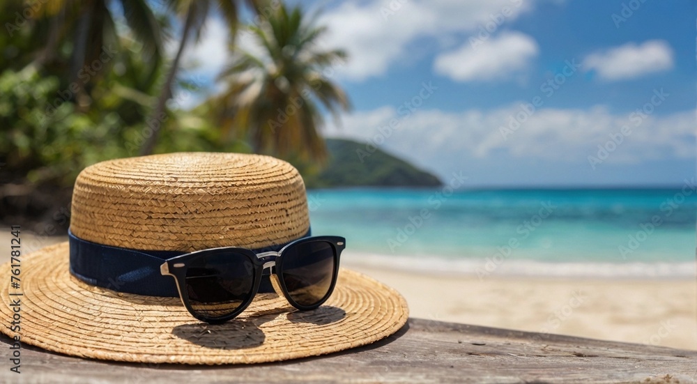 Straw hat and sunglasses on the beach with the ocean and palm trees in ...