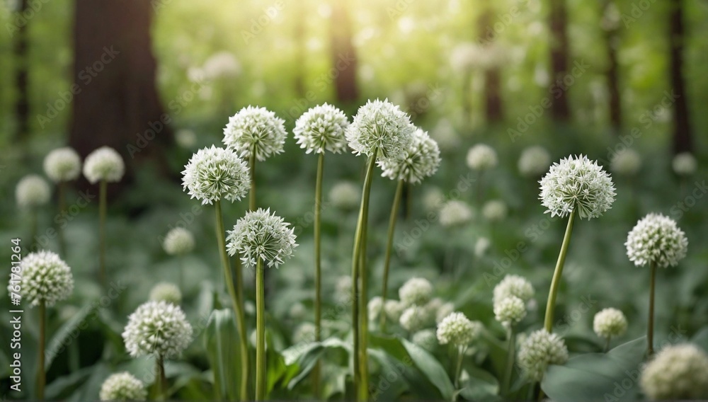 Medicinal herbs and plants - close-up of blooming wild garlic in a forest or garden in spring, illuminated by the sun