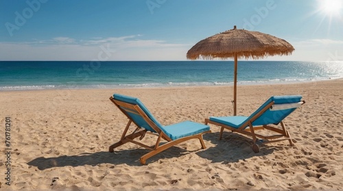 Wooden sun loungers  sun lounger and umbrella on the sand  blue sky and sun and ocean.