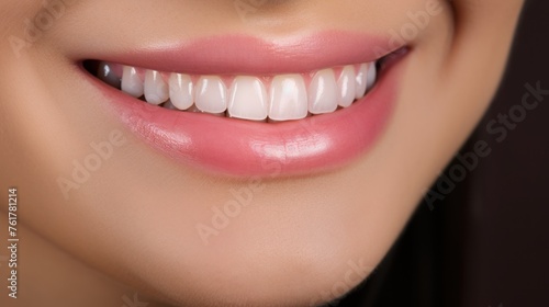 A close-up of a girl s mouth with a dazzling smile  revealing her snow-white teeth  Concept healthy teeth.