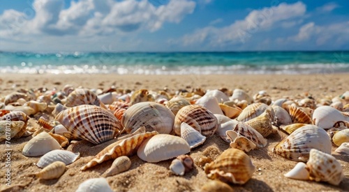 many shells, seashell on a sandy beach