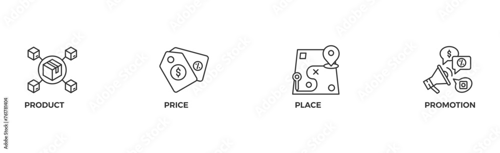 Marketing mix 4P banner web icon vector illustration concept with icon of product, price, place, and promotion Marketing mix 4P banner web icon vector illustration concept with icon of product, price, place, and promotion