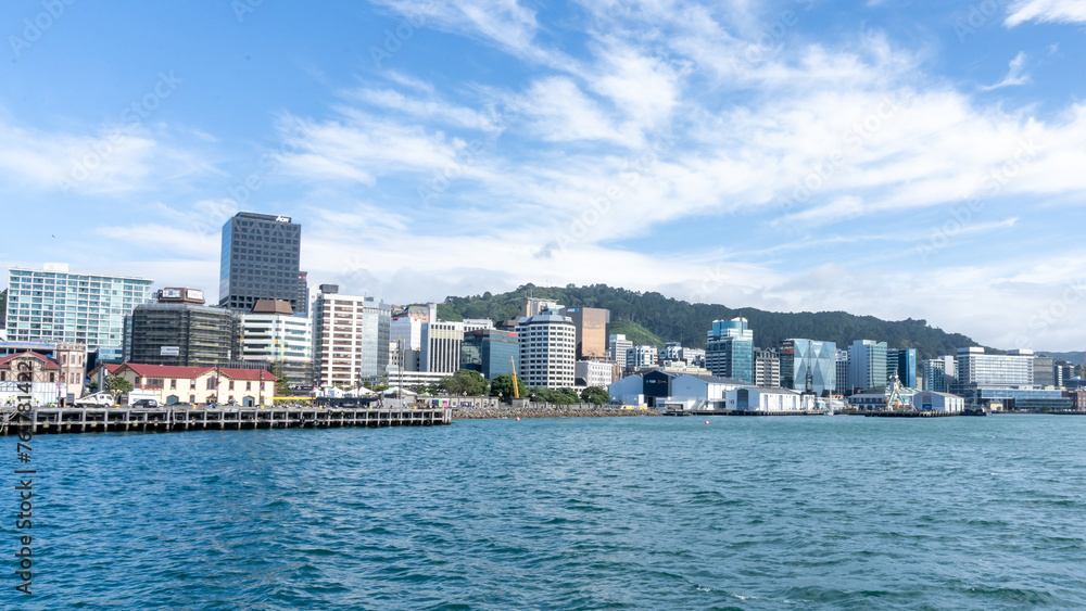 Wellington, New Zealand - February 10, 2024: Wellington downtown skyline at waterfront in Wellington, New Zealand.