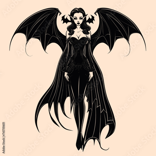 Black and White Vampire woman Character Outline Silhouette Ornament Vector Art for Logo and Icon, Sketch, Tattoo, Clip Art