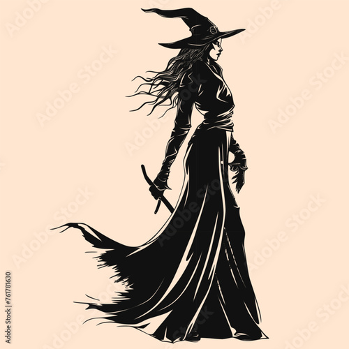 Black and White Vampire woman Character Outline Silhouette Ornament Vector Art for Logo and Icon, Sketch, Tattoo, Clip Art