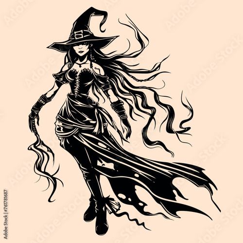 Black and White Vampire woman Character Outline Silhouette Ornament Vector Art for Logo and Icon, Sketch, Tattoo, Clip Art
