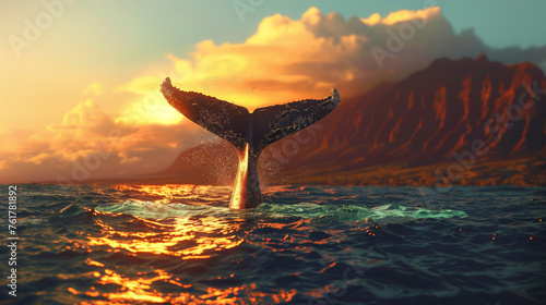  tail fin and flippers of a humpback whale, golden hour in maui