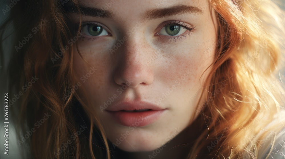 A red-haired woman with clear eyes, a visual symphony of color and depth. A red-haired woman with clear eyes, a visual symphony of color and depth.