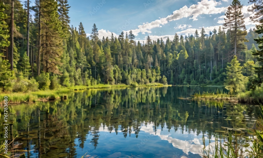 A tranquil forest lake mirroring the surrounding pine trees and sky, creating a perfect symmetry in the water's calm surface. The scene captures the essence of tranquility.