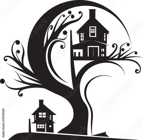 LeafyLodge Hand Drawn Symbol for Tree House Icon TreePerch Vector Black Logo Design for Arboreal Residence