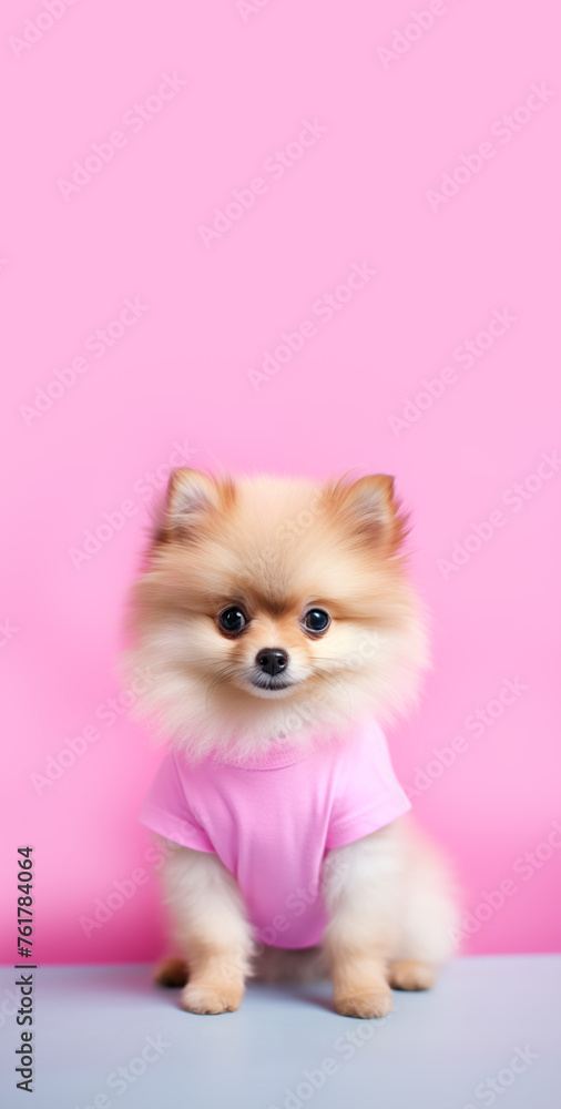 Pet Dog Pretty in Pink: Stylish Groomed Pomeranian Sports Trendy Tee On Pink Background. 