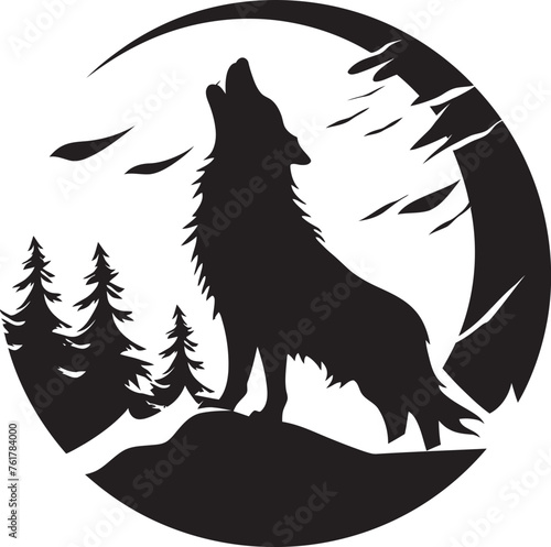 LunaHowl Vector Black Logo Design of Moonlit Wolf MidnightMoon Iconic Emblem of Howling Canine photo