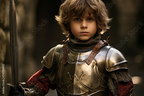 Diligent Medieval child knight. Costume game. Generate Ai