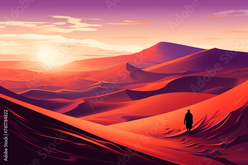 Cartoon dune landscape. Abstract human silhouette walking in sandy desert. Modern flat illustration