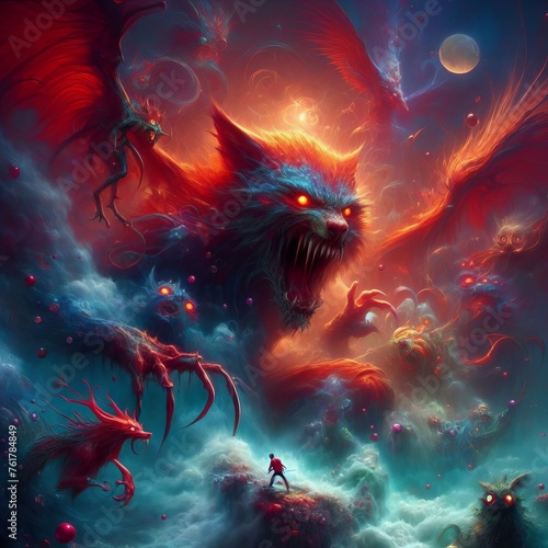 A surreal scene unfolds with mythical creatures soaring through a vibrant, otherworldly sky. The fantastical elements evoke a sense of adventure and mystery.