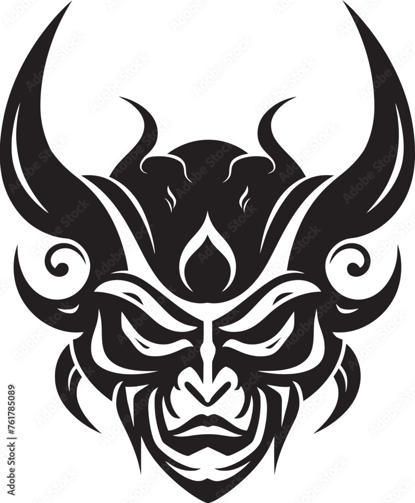 Noh Nightmare Iconic Emblem of Creepy Japanese Demon Kabuki Kaijin Hand Drawn Symbol for Sinister Mask