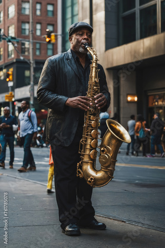 A mature African American man playing jazz saxophone on the street in the evening city lights