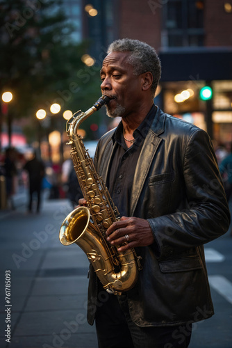 A mature African American man playing jazz saxophone on the street in the evening city lights