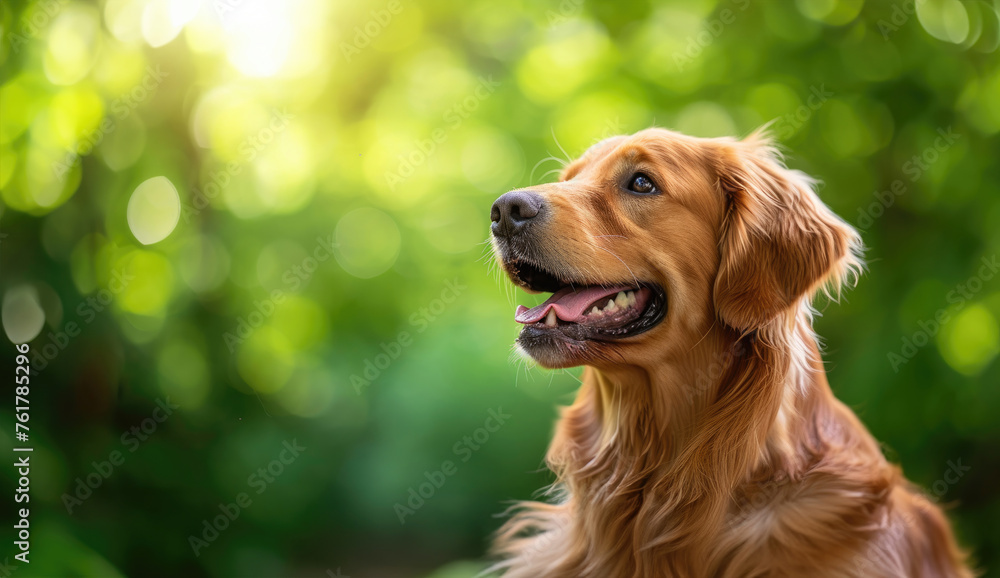 Profile Portrait of a Golden Retriever Sitting on the Grass, Daylight, Copy Space
