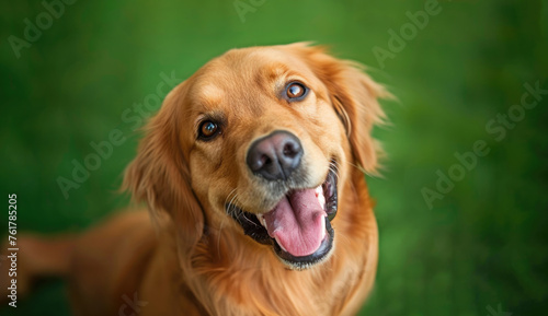 Top View Photo of a Golden Retriever Looking Up, Mouth Open, Sitting on the Grass