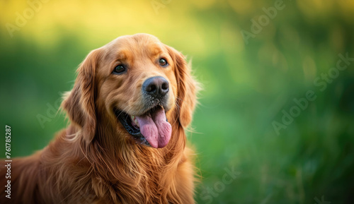 Golden Retriever Sitting on the Grass with Tongue Out, Daylight